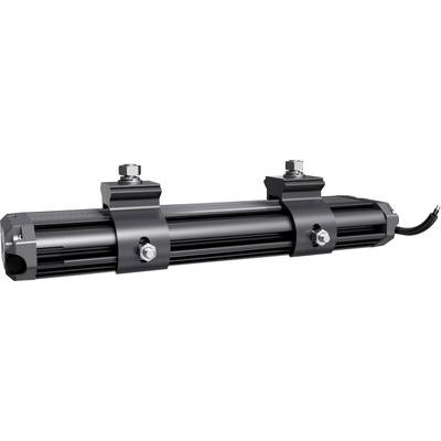 Schwarzer zylindrischer Elektromotor mit zwei Befestigungsklemmen und Kabel auf der rechten Seite, horizontal ausgerichtet.