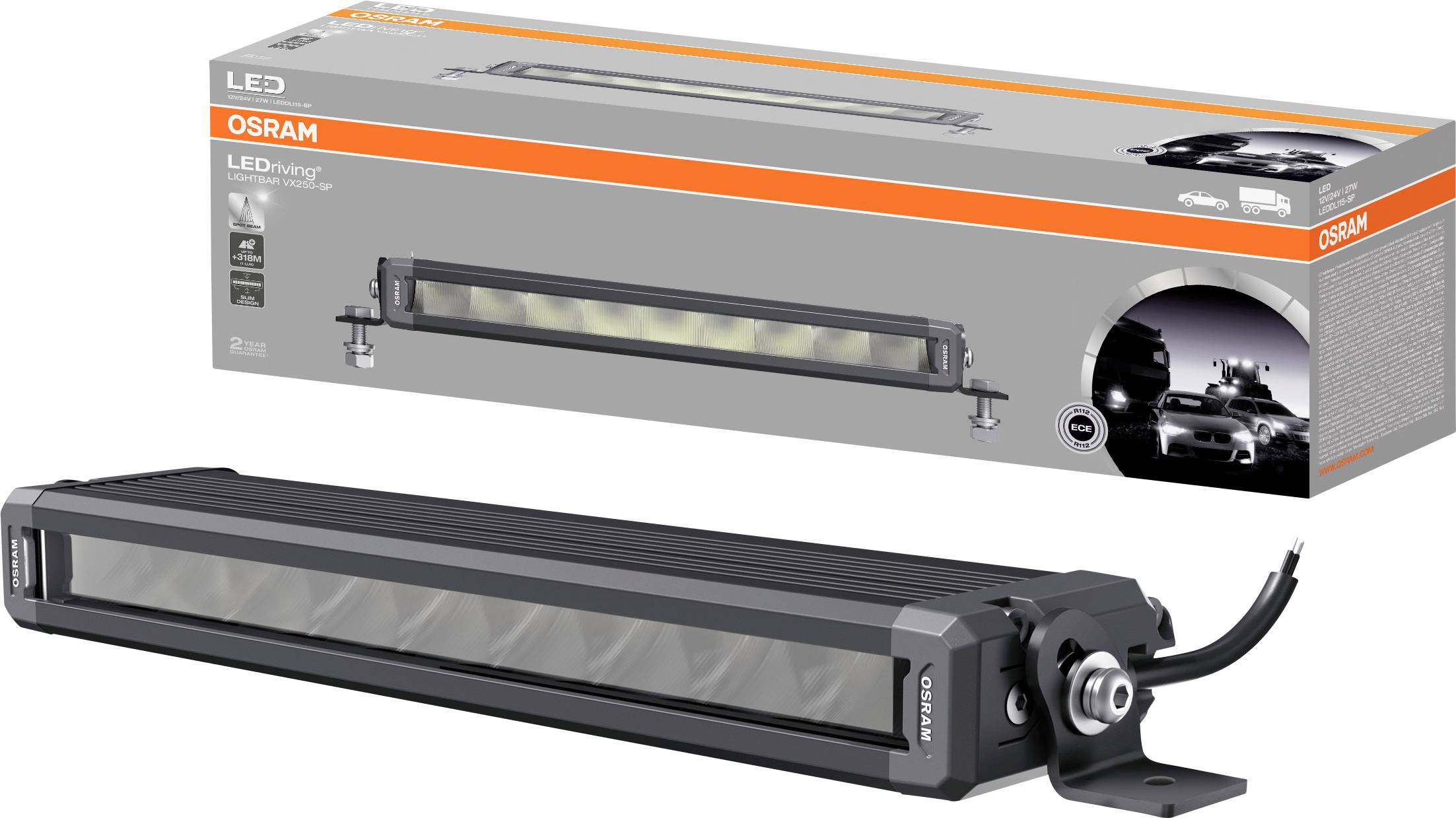 Eine LED-Leiste von OSRAM mit Verpackung. Die Lampe ist schwarz und lang, verfügt über kabelgebundene Anschlüsse. Die Verpackung zeigt Produktbilder.