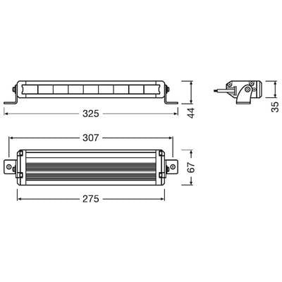 Technische Zeichnung einer rechteckigen LED-Leuchte mit Maßen: Länge 325 mm, Höhe 44 mm. Seitenansicht zeigt Höhe von 35 mm.