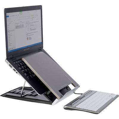 Ein Laptop mit aufgeklapptem Bildschirm auf einem Ständer. Die Tastatur ist abnehmbar und liegt separat vor dem Laptop.