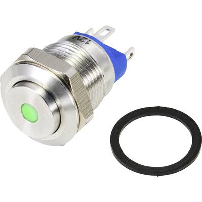 Metall-Drucktaster mit grünem LED-Licht und einem schwarzen Dichtring. Geeignet für elektrische Schaltungen mit 12V Spannung.