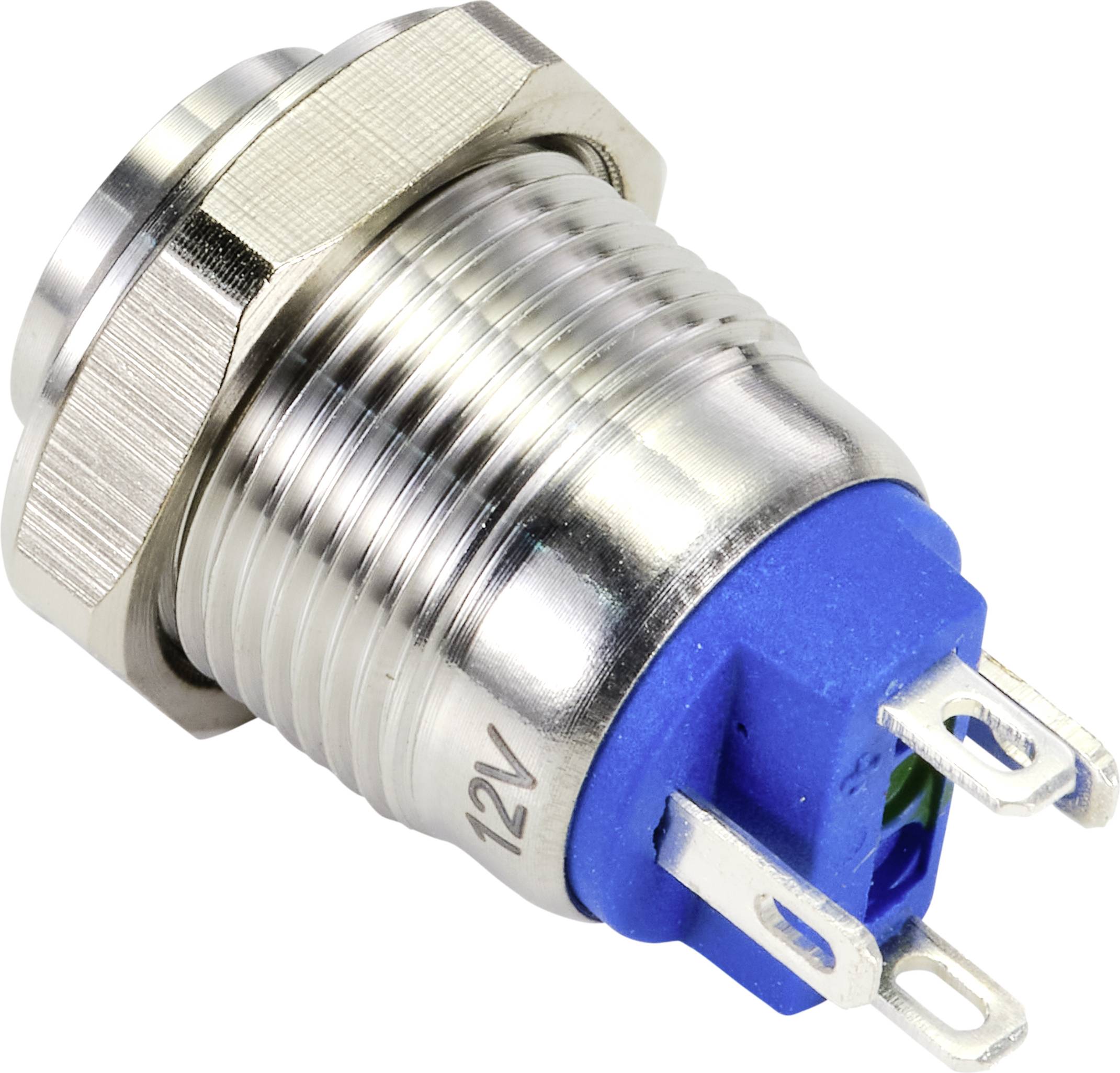 Metallischer Druckknopfschalter mit blauem Gehäuse, drei Anschlüssen und Aufschrift '12V', geeignet für elektrische Schaltungen.