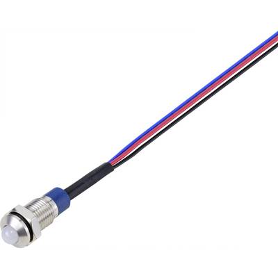 Metallumschlossener elektrischer Sensor mit drei farbigen Drähten, rot, blau und schwarz, zeigt die Vorderseite der Sensorkappe.