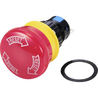 Runder roter Knopf mit 'Reset'-Pfeilen und gelber Basis, neben schwarzem Dichtungsring.
