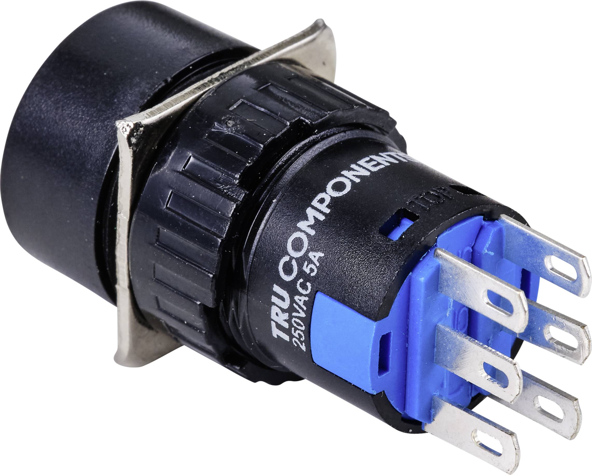 Schwarzer und blauer elektrischer Stecker mit der Aufschrift 'TRU COMPONENTS 250VAC 5A', Metallkontakte auf einer Seite.