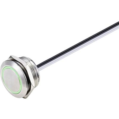Ein metallischer Druckknopf mit grüner LED-Ringbeleuchtung und langen Kabelanschlüssen, geeignet für industrielle Anwendungen.