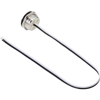 Ein runder Metallsensor mit zwei ausgehenden Kabeln, einem schwarzen und einem weißen, auf weißem Hintergrund. Geeignet für technische Anwendungen.