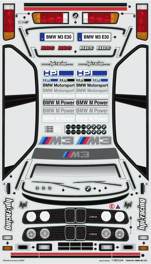 Stickerbogen für ein BMW M3 E30 RC-Modellauto, zeigt Logos und Dekorationen in klassischem Motorsportstil mit HPI- und BMW-Emblemen.