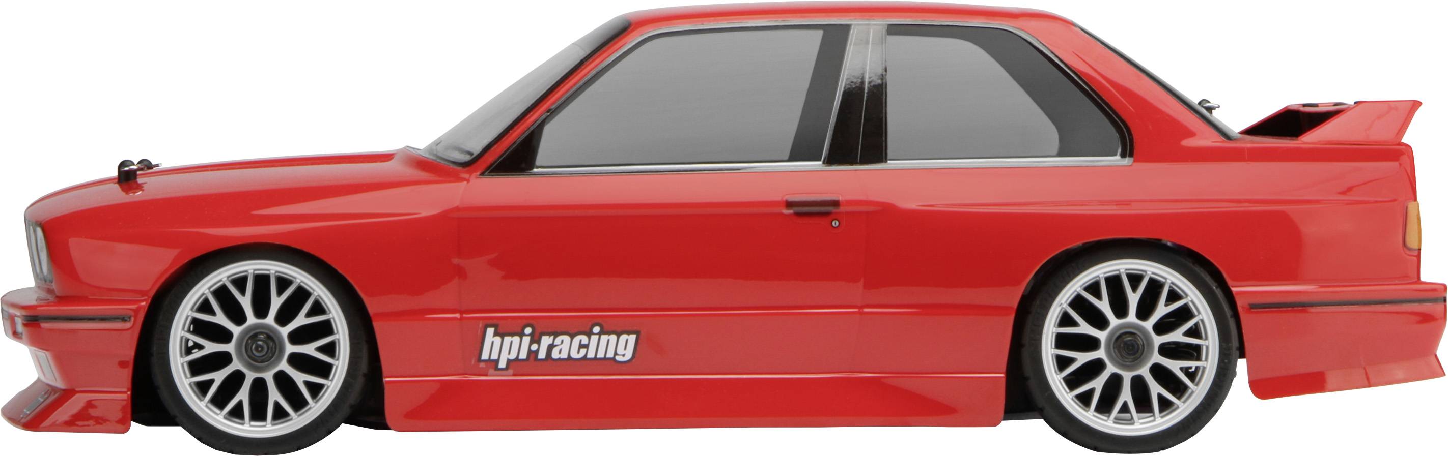 Rotes Modellauto der Marke 'hpi racing', im Profilansicht nach links, mit großen Felgen und sportlichem Design.