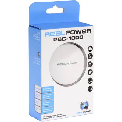 Externe Ladestation 'RealPower PBC-1800' in blauer Verpackung. Enthält 1800 mAh Kapazität und 1A Ausgang. Mobile Ladelösung.