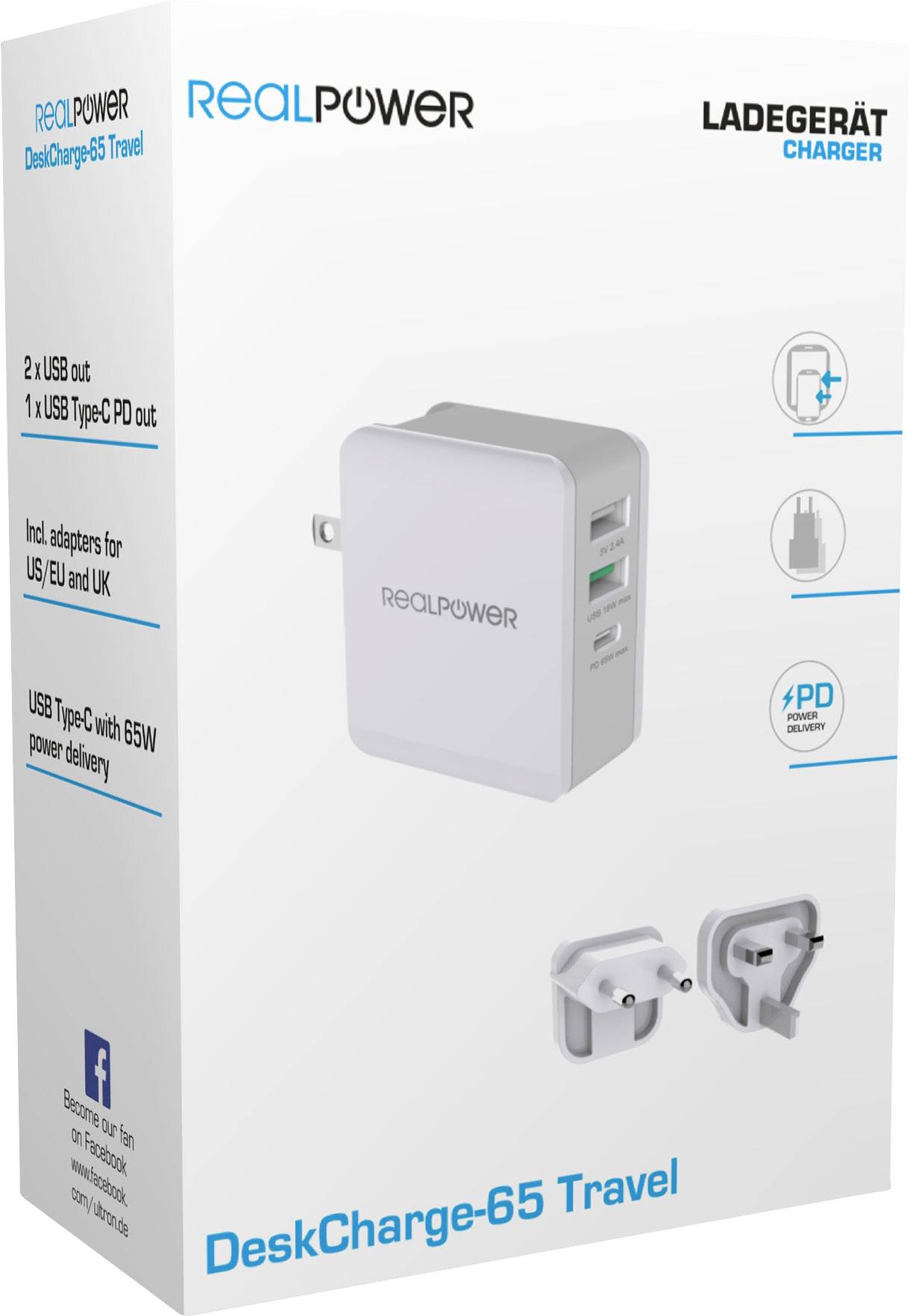 RealPower DeskCharge-65 USB Ladegerät 65 W USB USB PD Weiß Steckdose Schnellladegerät, mit USA-Adapter, USB Power Delive-1