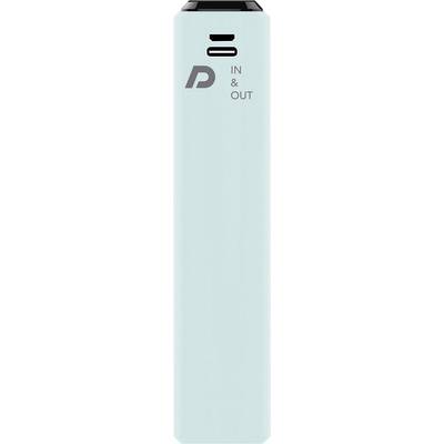 Ein hellblauer tragbarer Ladegerät mit einem USB-Anschluss oben und der Aufschrift 'IN & OUT' daneben.