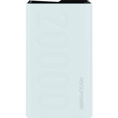 Eine Powerbank mit der Aufschrift 'Real Power' und der Kapazität von 20.000 mAh, in hellblauer Farbe.
