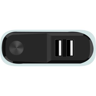 Schwarzes USB-Ladegerät mit zwei Anschlüssen auf einer mintfarbenen Oberfläche. Ideal für das gleichzeitige Laden mehrerer Geräte.