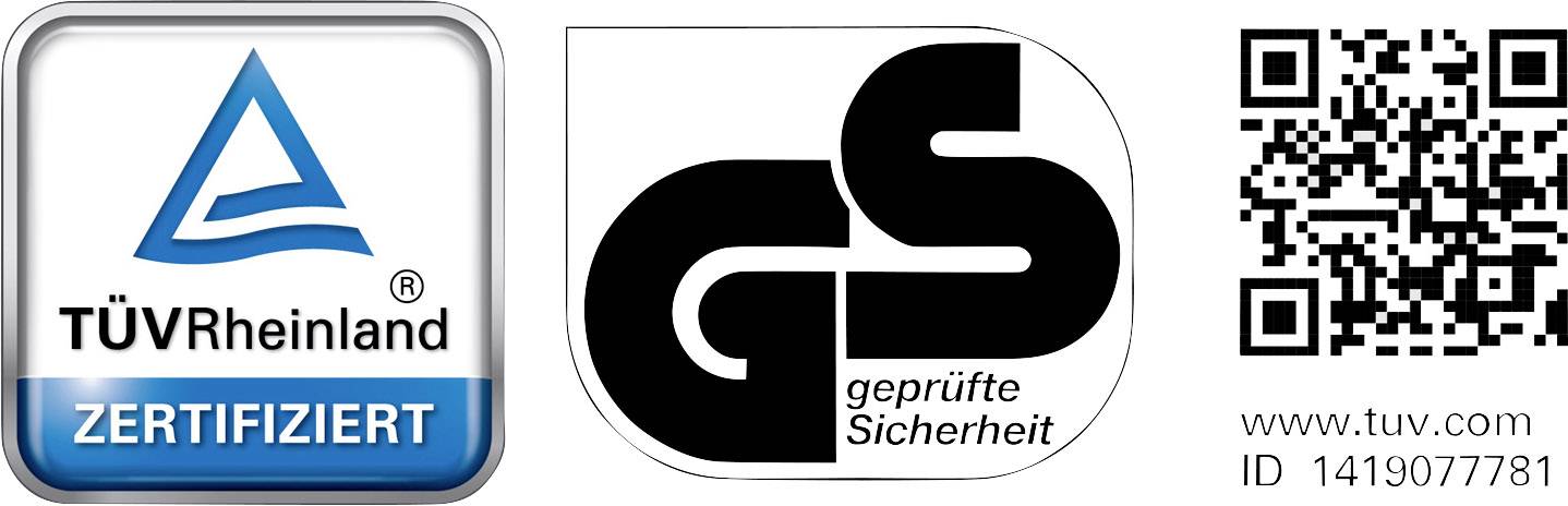 'TÜV Rheinland' und 'GS geprüfte Sicherheit' Logos, gefolgt von einem QR-Code. Indikator für geprüfte Produktqualität und Sicherheit.
