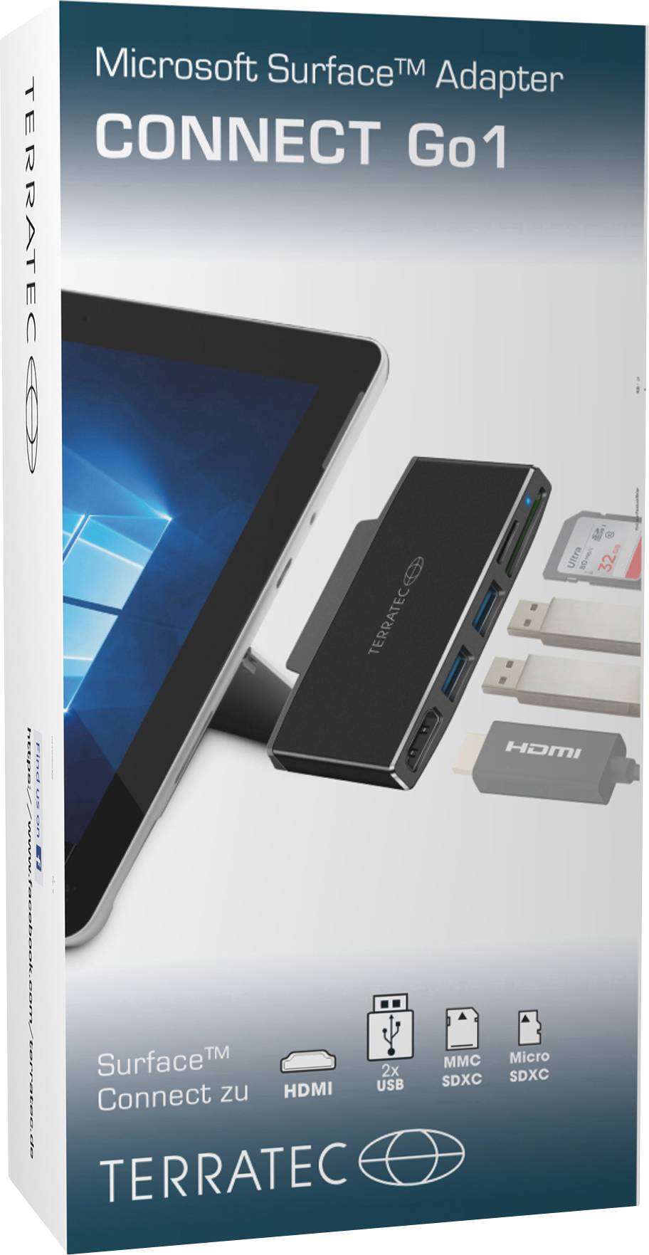 'Microsoft Surface Adapter CONNECT Go1' Verpackung mit Bild des Adapters, der an ein Tablet angeschlossen ist. Unterstützt HDMI, USB, und Micro-SD.