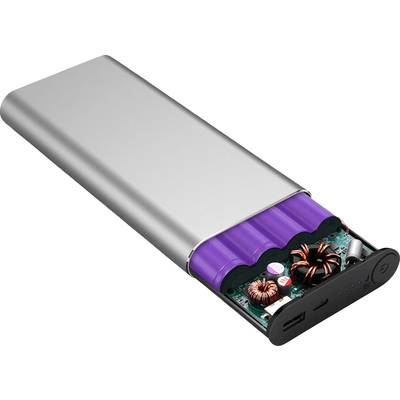 Ein geöffnetes Powerbank-Gehäuse zeigt lila Lithium-Batteriezellen und eine grüne Leiterplatte mit elektronischen Bauteilen.