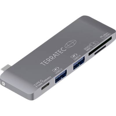Ein silberner USB-C-Hub mit dem Markennamen 'Terratec', ausgestattet mit zwei USB 3.0-Ports, einem SD-Kartenleser und einem MicroSD-Steckplatz.