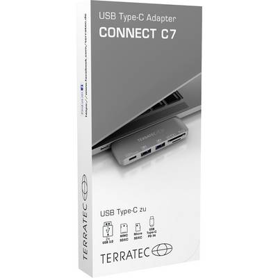 'CONNECT C7 USB Type-C Adapter' Verpackung zeigt einen Adapter, der an einen Laptop angeschlossen ist. USB, Mini SD, Micro SD, USB PD unterstützt.