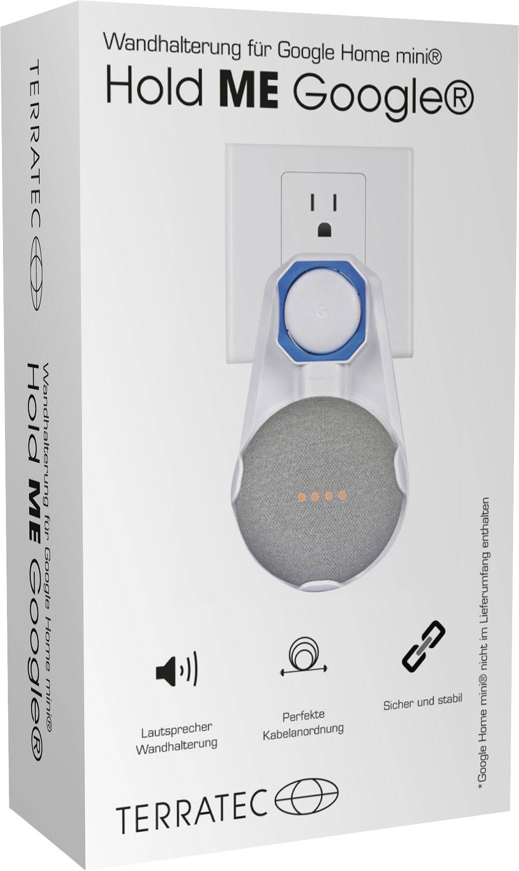 Verpackung eines Wandhalters für Google Home Mini von Terratec. Der Halter ist an einer Steckdose montiert und hält den Lautsprecher.