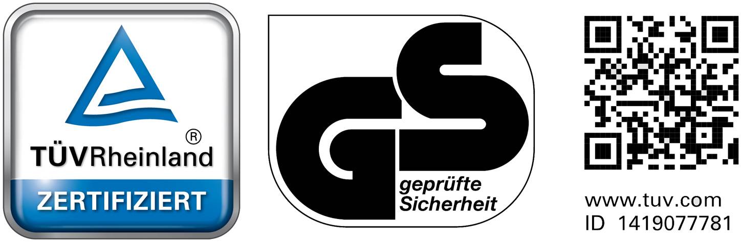 'TÜV Rheinland Zertifiziert' Logo, 'GS Geprüfte Sicherheit' Siegel, QR-Code mit der URL 'www.tuv.com' und ID '1419077781'.