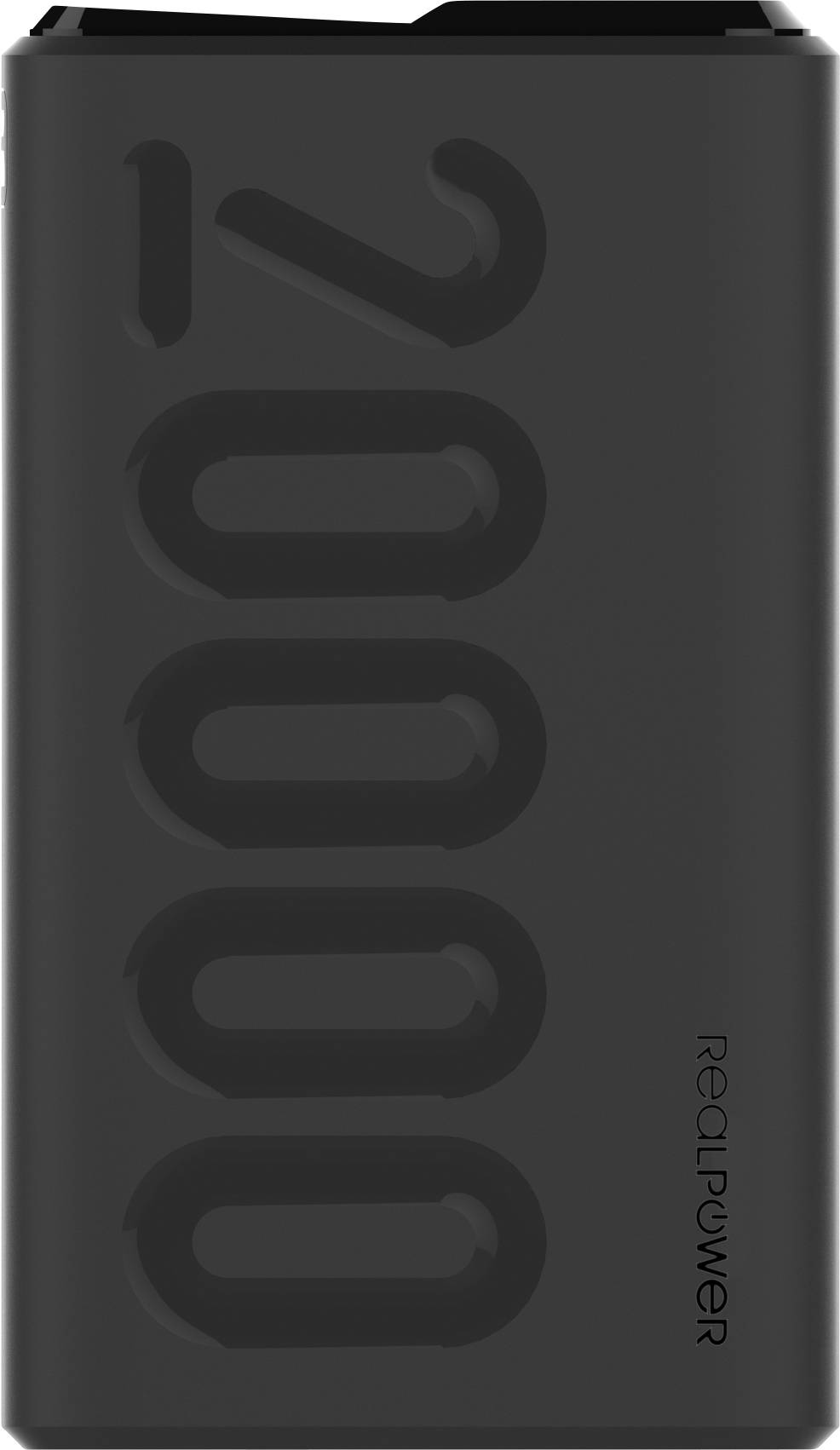 Schwarze Powerbank mit der Aufschrift '20000' und dem Logo 'RealPower', zeigt die Kapazität in Milliamperestunden.