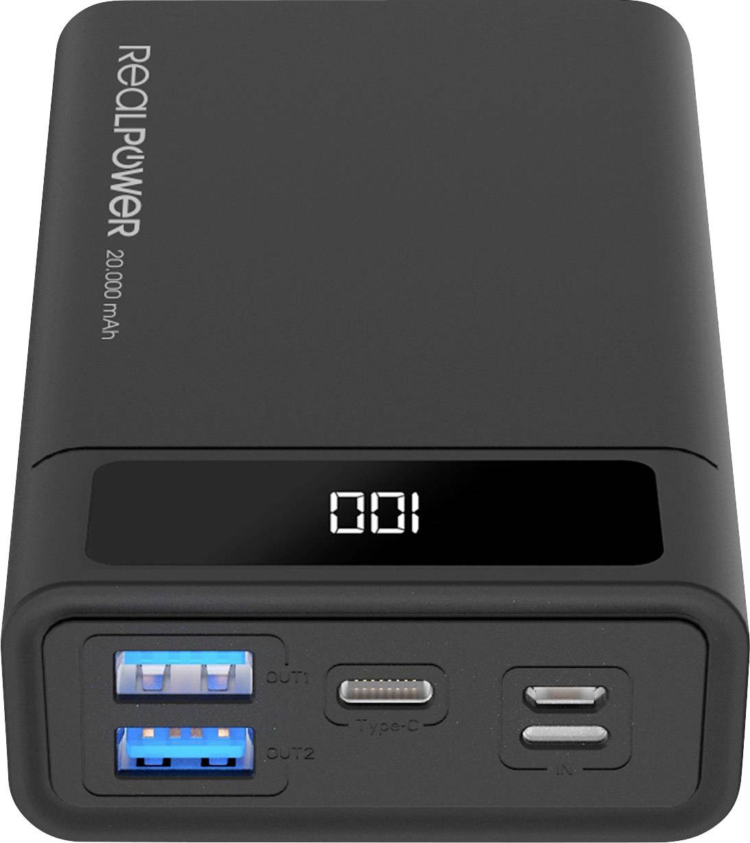 Eine schwarze Powerbank mit weißer Anzeige zeigt '001'. Sie hat zwei USB-Anschlüsse, einen Typ-C-Anschluss und einen Micro-USB-Anschluss.