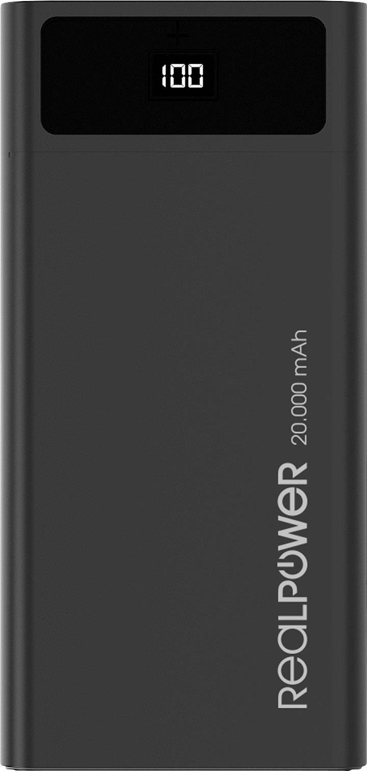 Eine schwarze Powerbank mit der Aufschrift 'RealPower 20000 mAh' und einer digitalen Anzeige, die '100' zeigt.