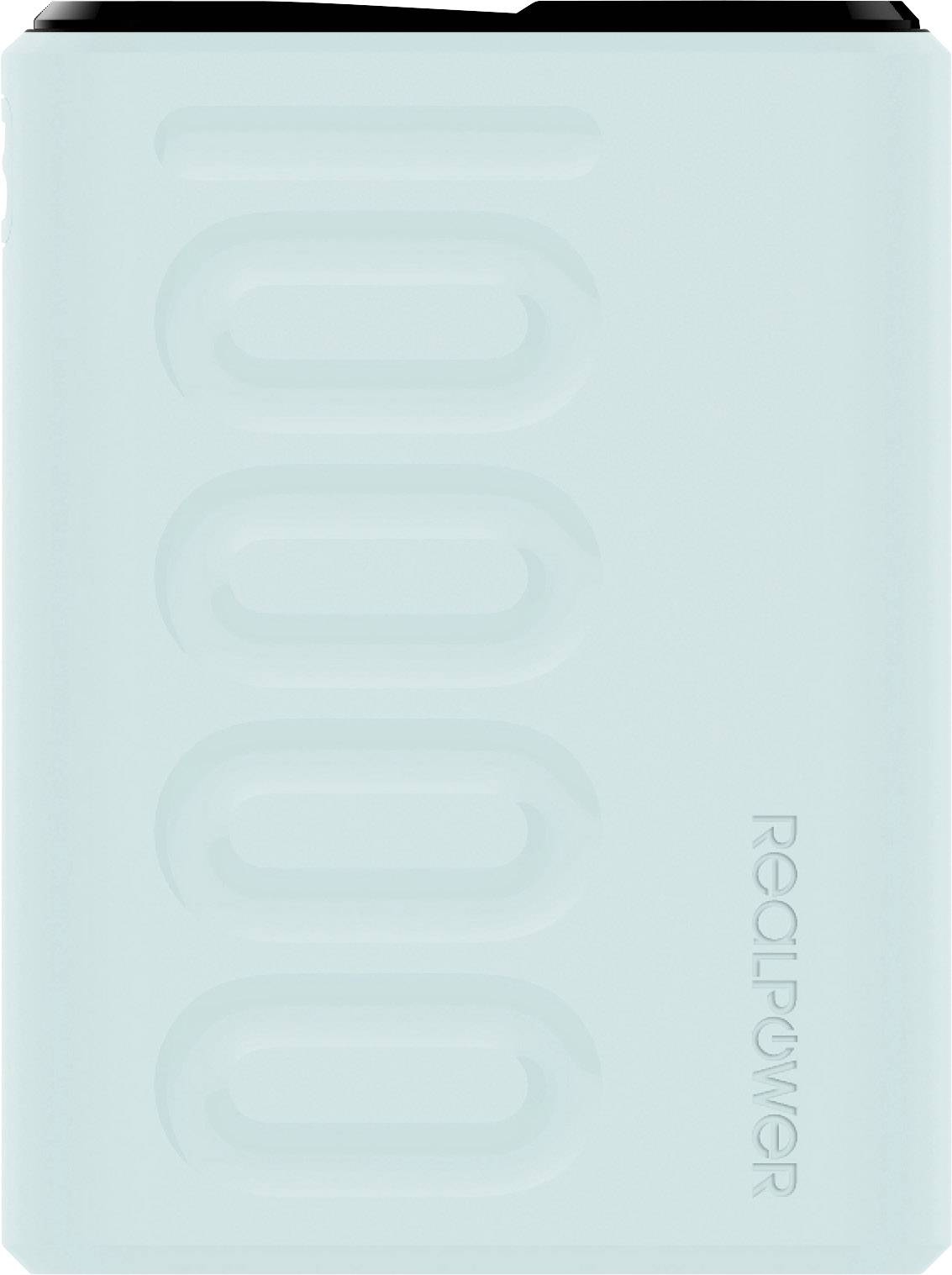 Eine hellblaue Powerbank mit dem Schriftzug 'Real Power' auf der Seite.