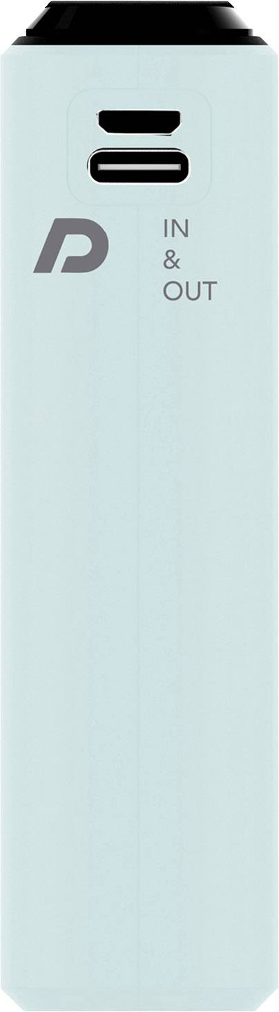 Ein hellblaues Gerät mit zwei Anschlüssen oben, beschriftet mit 'IN & OUT'. Links daneben ist ein 'D'-Logo sichtbar.
