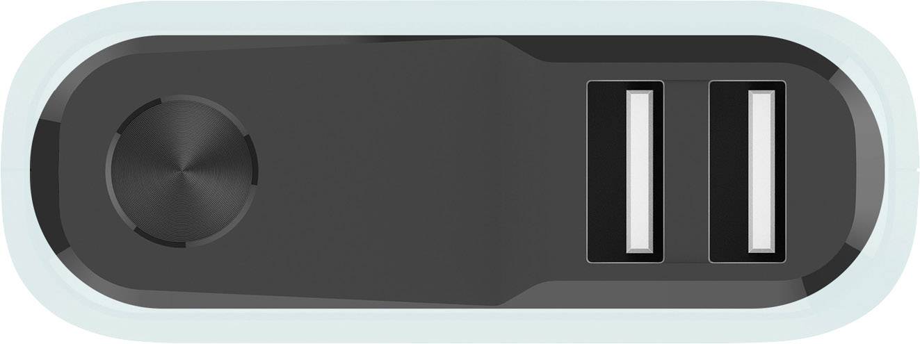 Schwarze USB-Steckdose mit zwei USB-Anschlüssen auf einer hellblauen rechteckigen Platte.