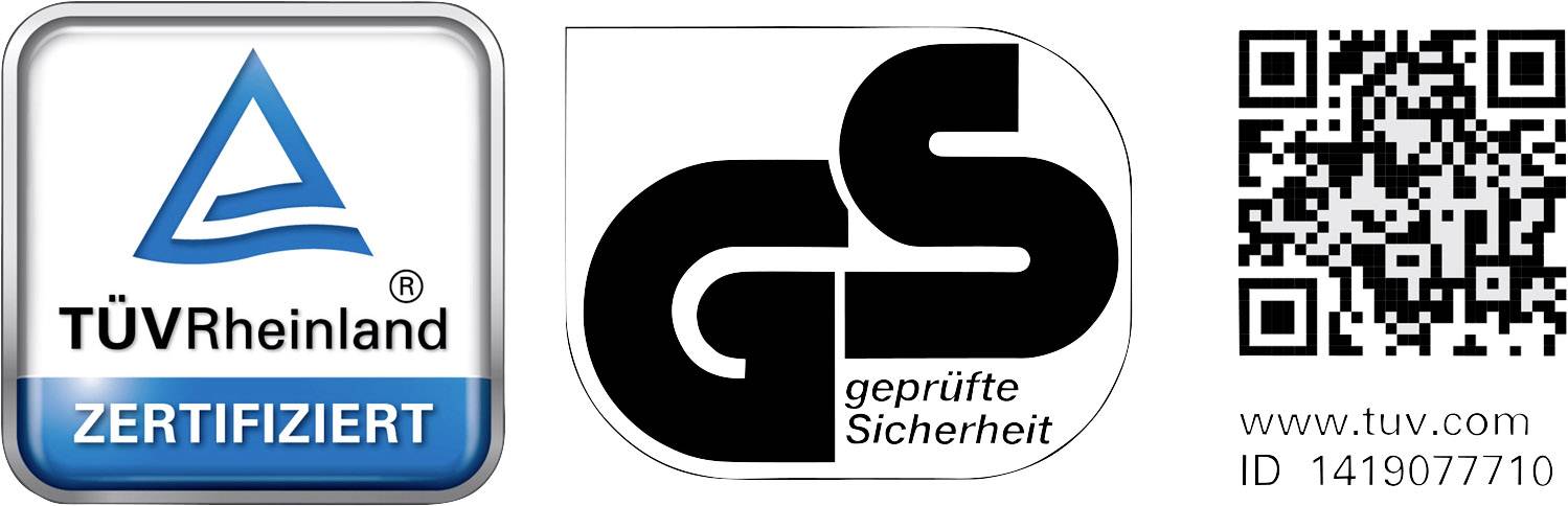 'TÜV Rheinland Zertifiziert' Logo neben 'GS Geprüfte Sicherheit' Logo und einem QR-Code samt ID 14190777010.