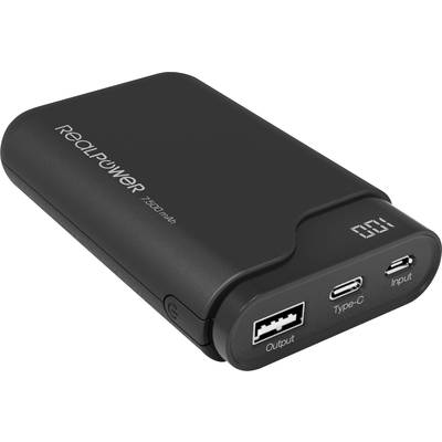 Eine schwarze Powerbank mit der Aufschrift 'RealPower 7500 mAh'. Sie verfügt über USB- und Typ-C-Anschlüsse sowie ein LED-Display.