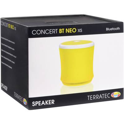 Eine gelbe, tragbare Bluetooth-Lautsprecherbox der Marke 'Terratec', Modell 'Concert BT NEO XS', in einer schwarzen Verpackung.