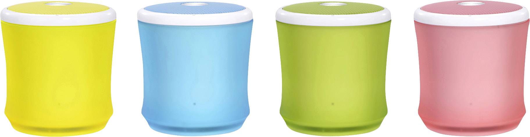 Vier bunte Kunststoffbecher in Gelb, Blau, Grün und Rosa, nebeneinander aufgereiht.