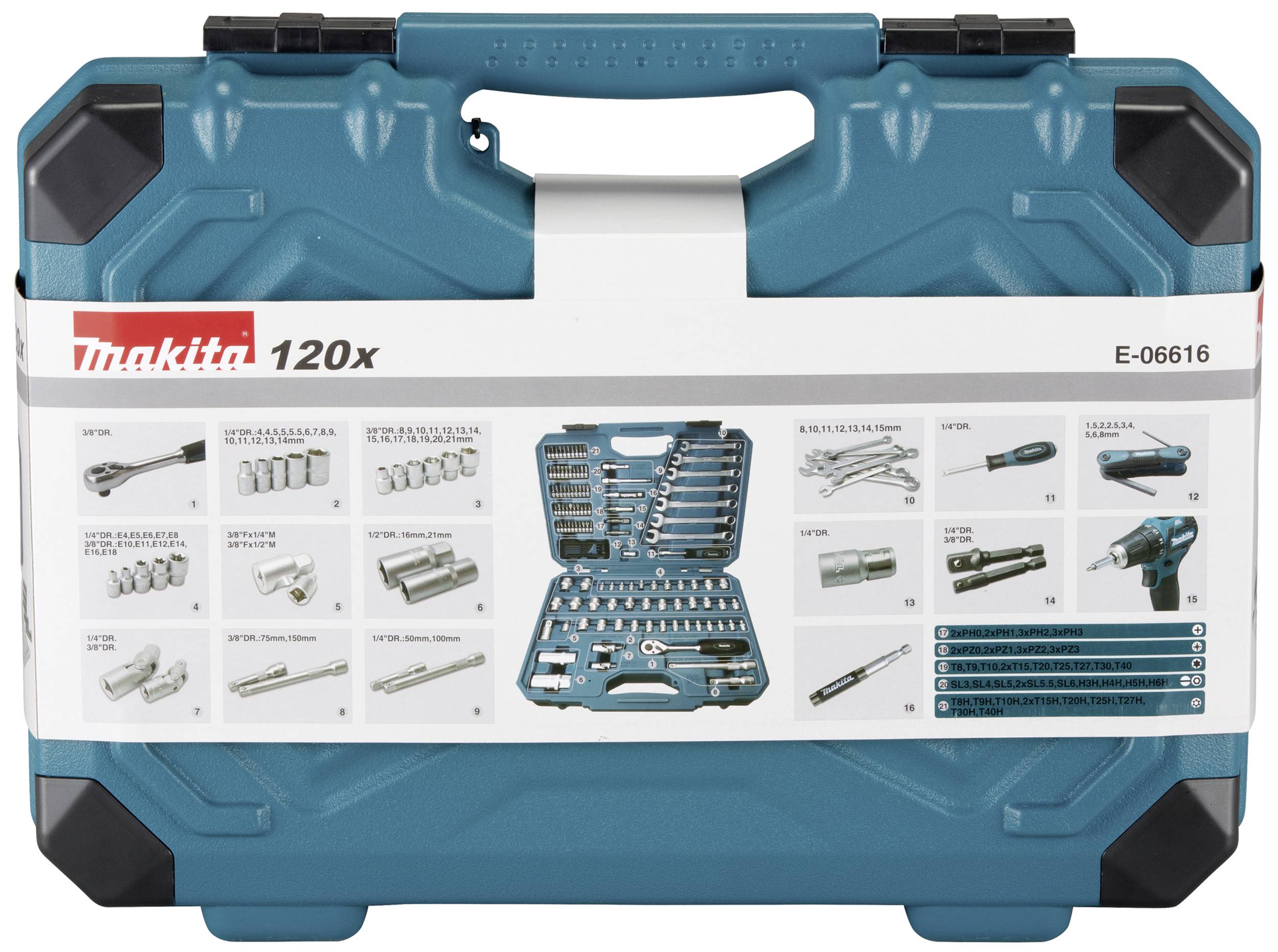 Blauer Werkzeugkoffer mit 120-teiligem Set. Enthält diverse Schraubendreher, Steckschlüssel und Bits. Marke Makita.