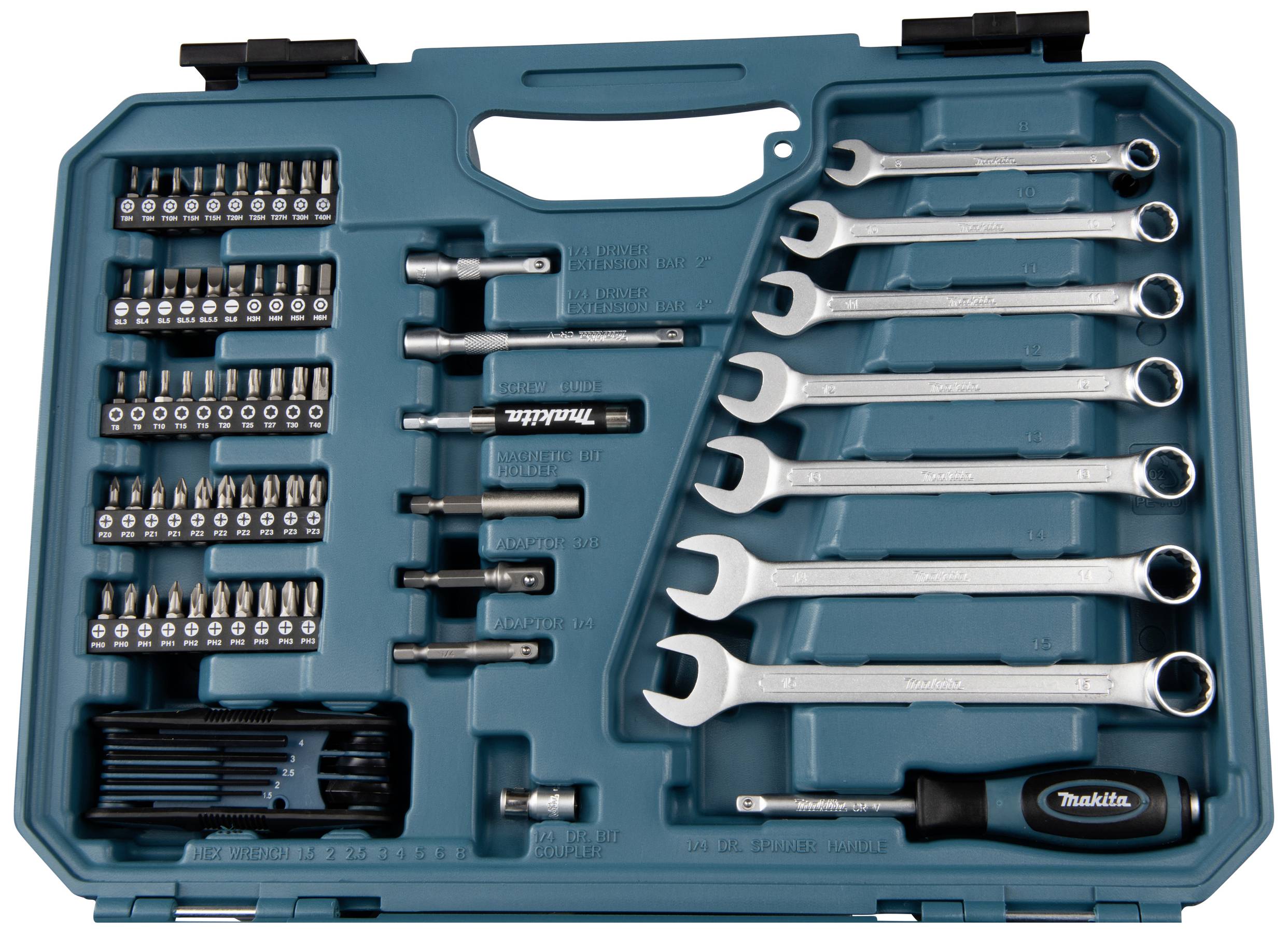 Set mit Schraubenschlüsseln, Schraubendreher und Bits in einem offenen, blauen Werkzeugkoffer.
