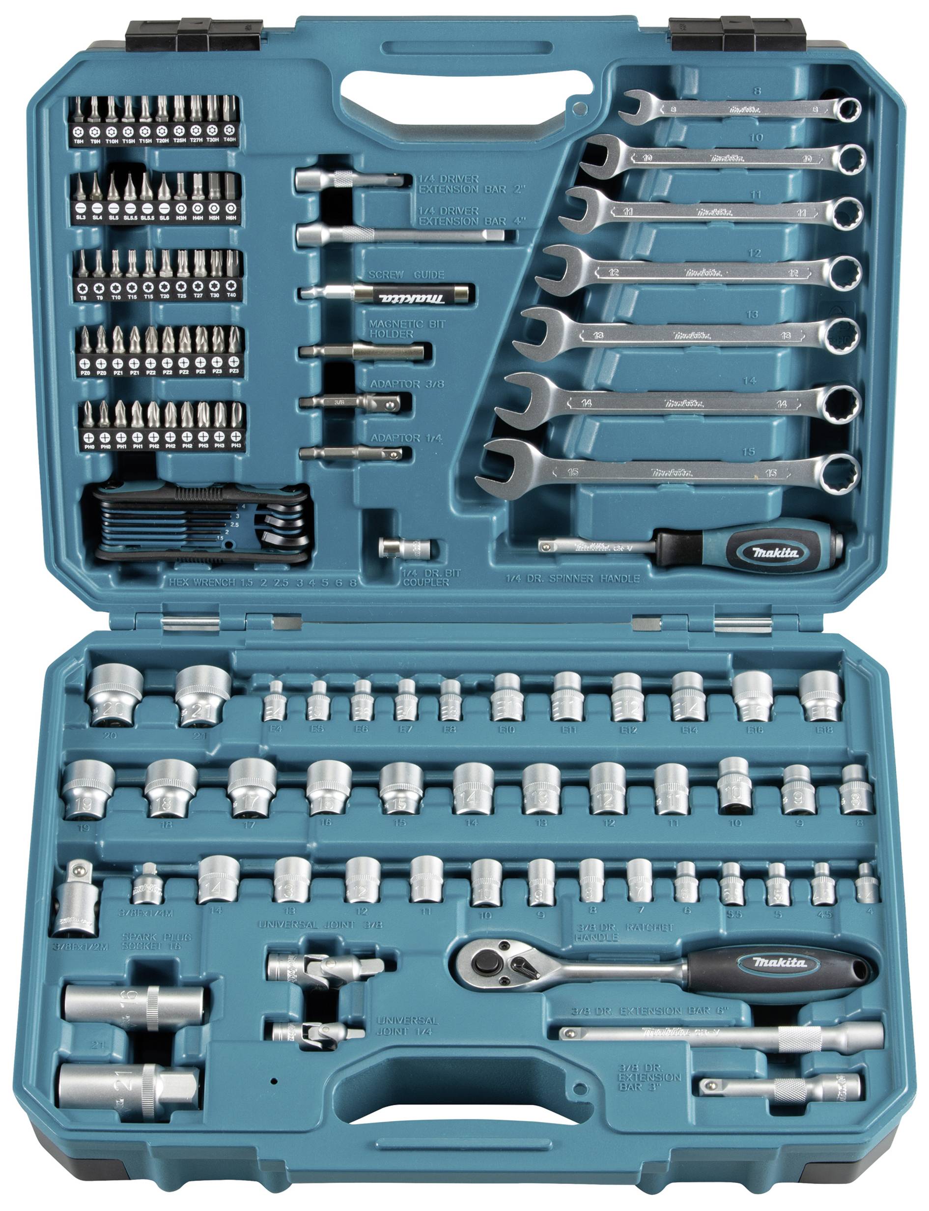 Ein geöffneter Werkzeugkoffer mit verschiedenen Schraubenschlüsseln, Stecknüssen und Bits, ordentlich angeordnet in Fächern.