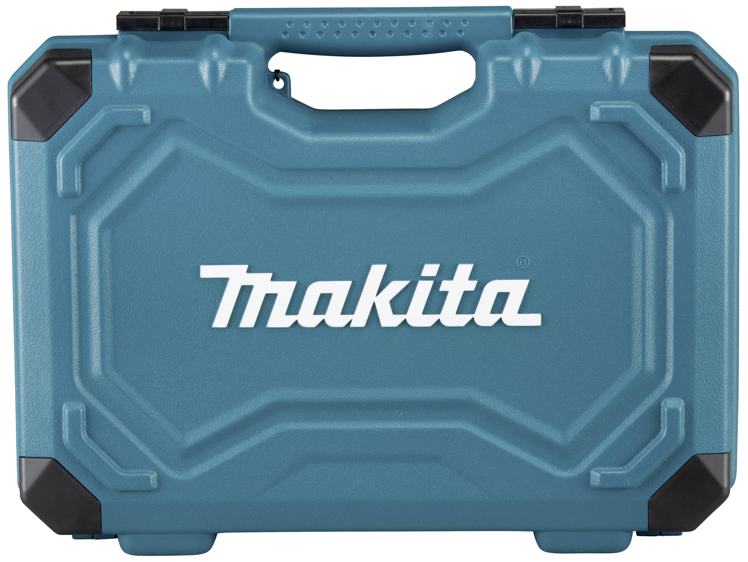 Ein türkisfarbener Werkzeugkoffer mit schwarzem Griff, auf dem der weiße Schriftzug 'Makita' steht.