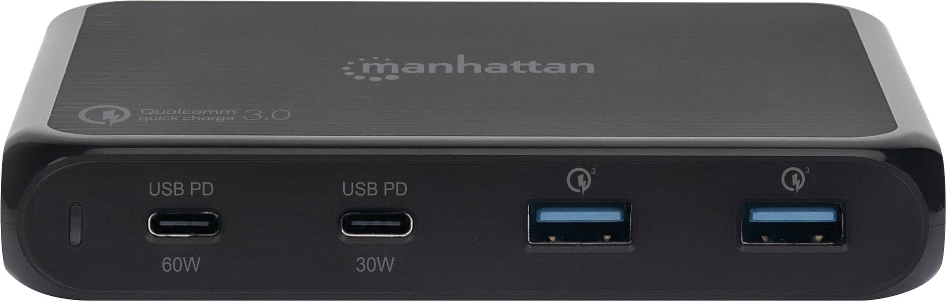 Manhattan Charging Station, 2x USB-C and 2x USB-A Ports, USB-C Outputs: 1x 60W and 1x 30W, USB-A Outputs: 2x 18W (Qualcomm Quick Charge)