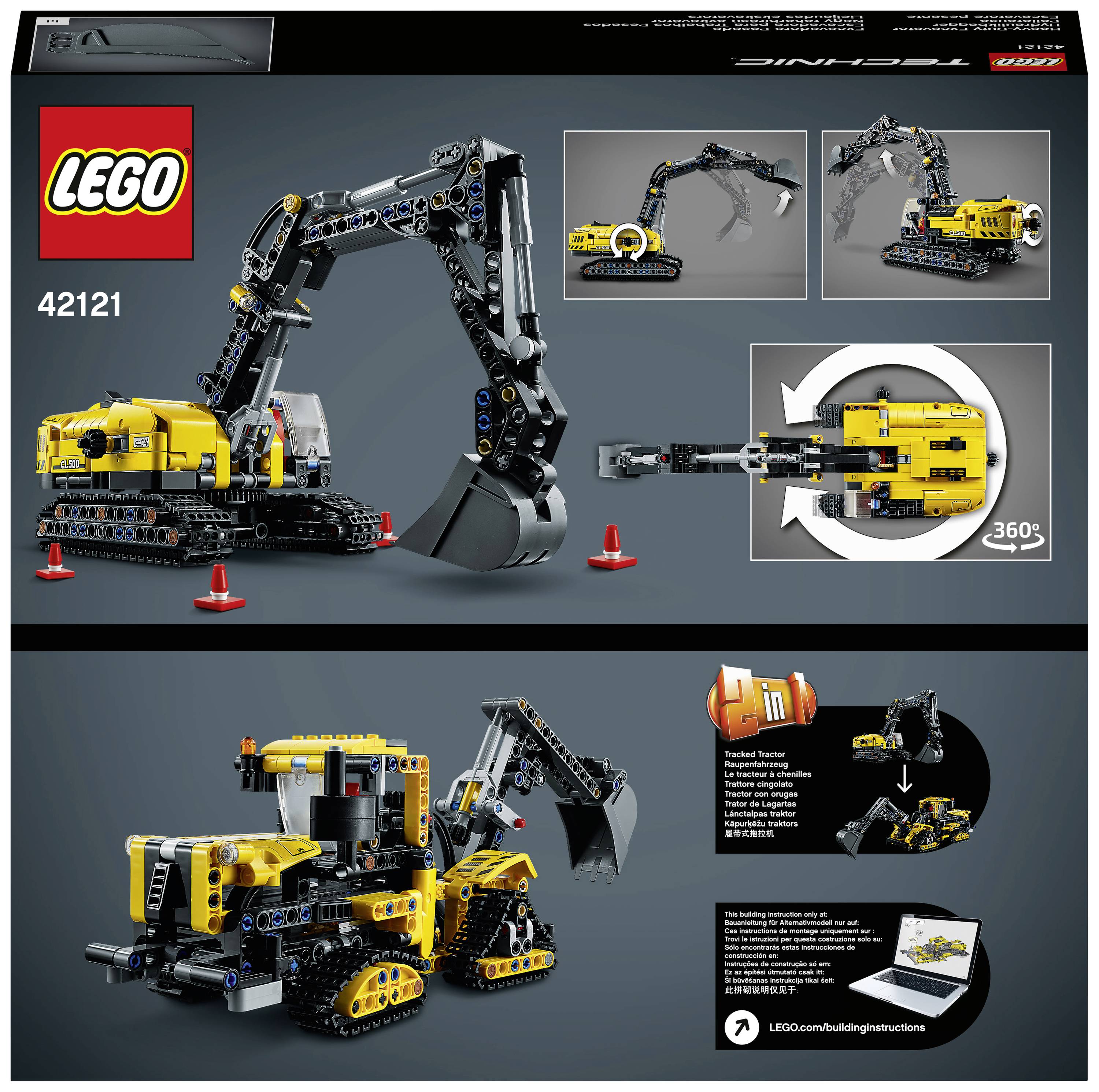 Lego Technic Bagger-Set mit gelbem und schwarzem Modell. Enthält Bewegungen und 360-Grad-Drehung; Baupläne im Internet verfügbar.