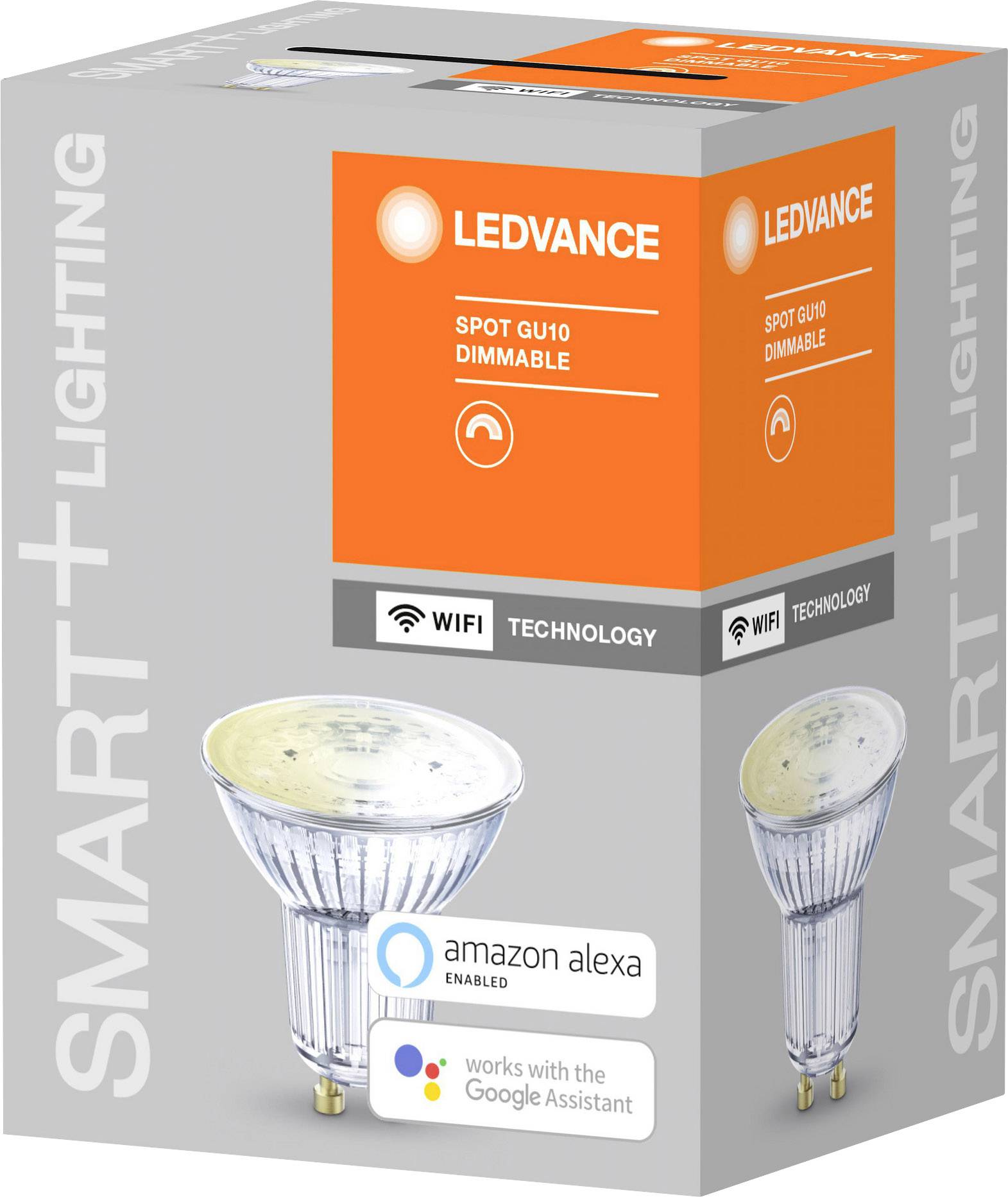 Verpackung einer LEDVANCE Spot GU10 dimmbaren LED-Lampe, kompatibel mit Amazon Alexa und Google Assistant, mit WiFi-Technologie.