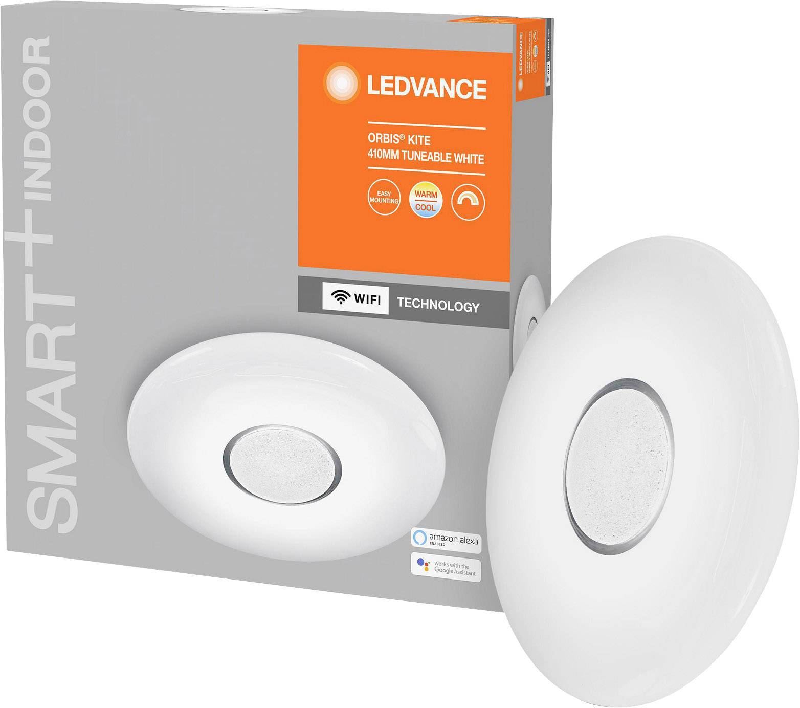 Verpackung einer LED-Deckenleuchte. Vorderseite zeigt das Produkt 'LEDVANCE Orbis Kite', 40W, einstellbares Weiß, WLAN-fähig.