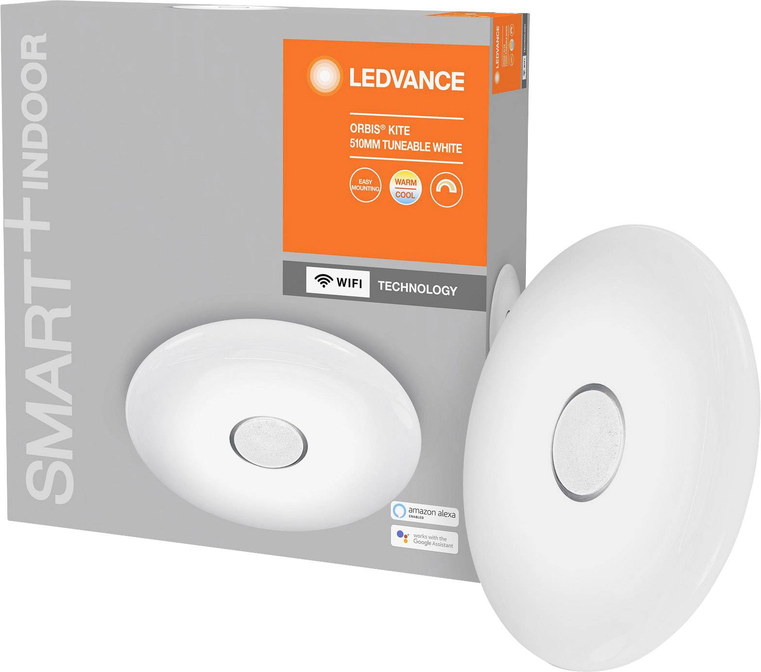 Zwei runde, weiße Deckenleuchten neben einer grauen Verpackung mit oranger Aufschrift: 'LEDVANCE ORBIS KIT 50MM TUNABLE WHITE'. Enthält WiFi- und Smart-Technologie.