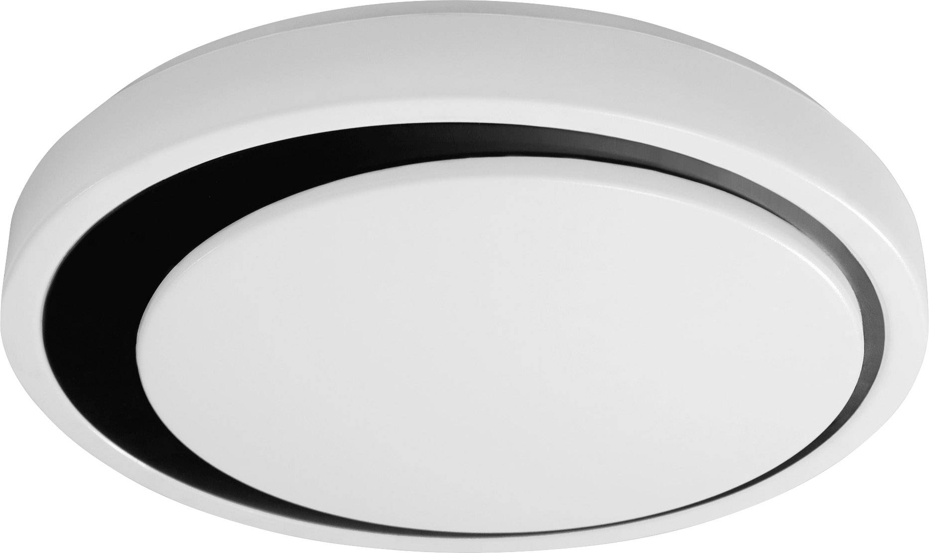 Runde, weiße Deckenlampe mit schwarzem Ring, modernes Design für Innenräume.