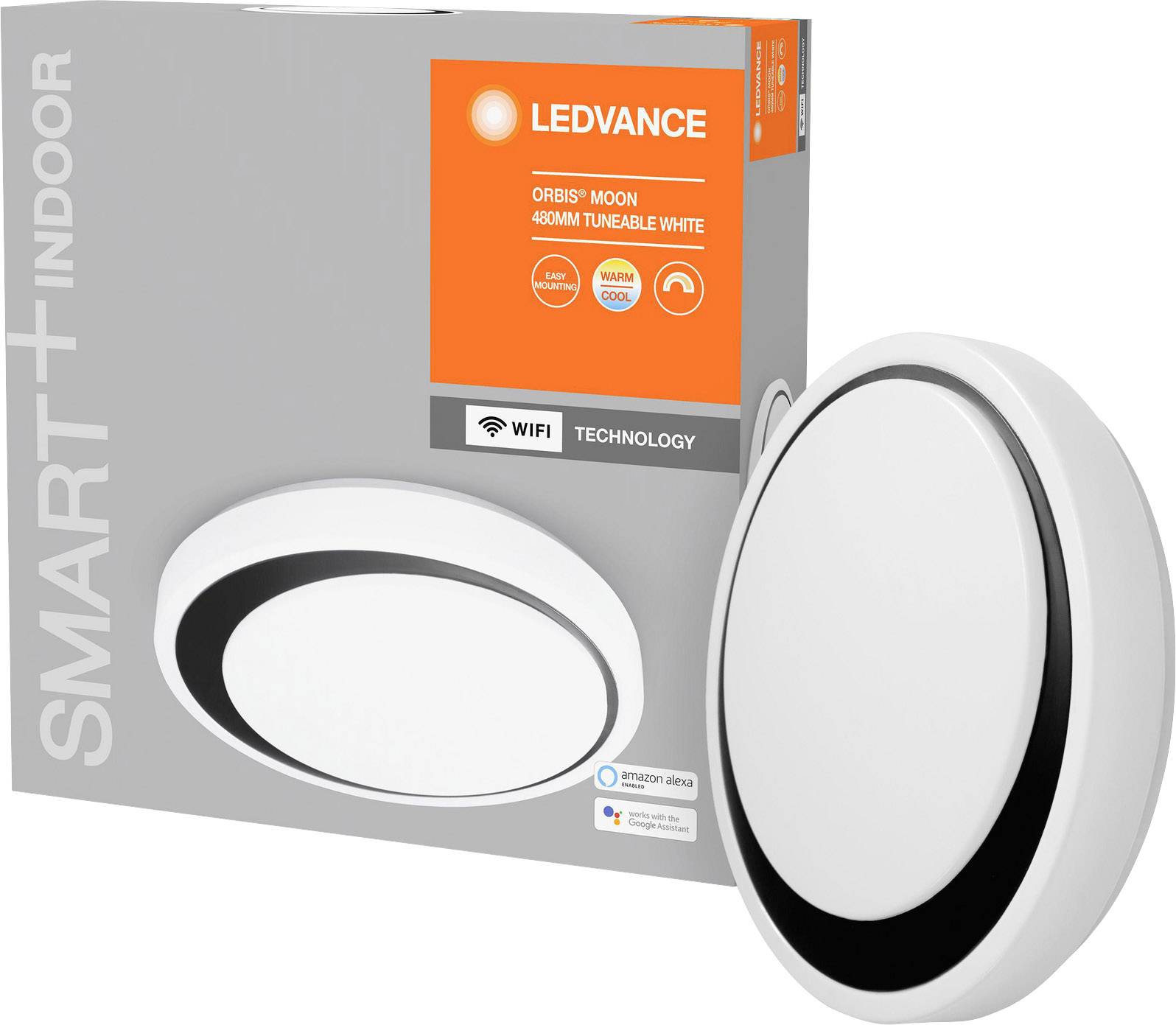 Eine LEDVANCE Deckenleuchte mit WiFi-Steuerung. Verpackung zeigt 'ORBIS MOON 400MM TUNABLE WHITE'. Kompatibel mit Alexa.