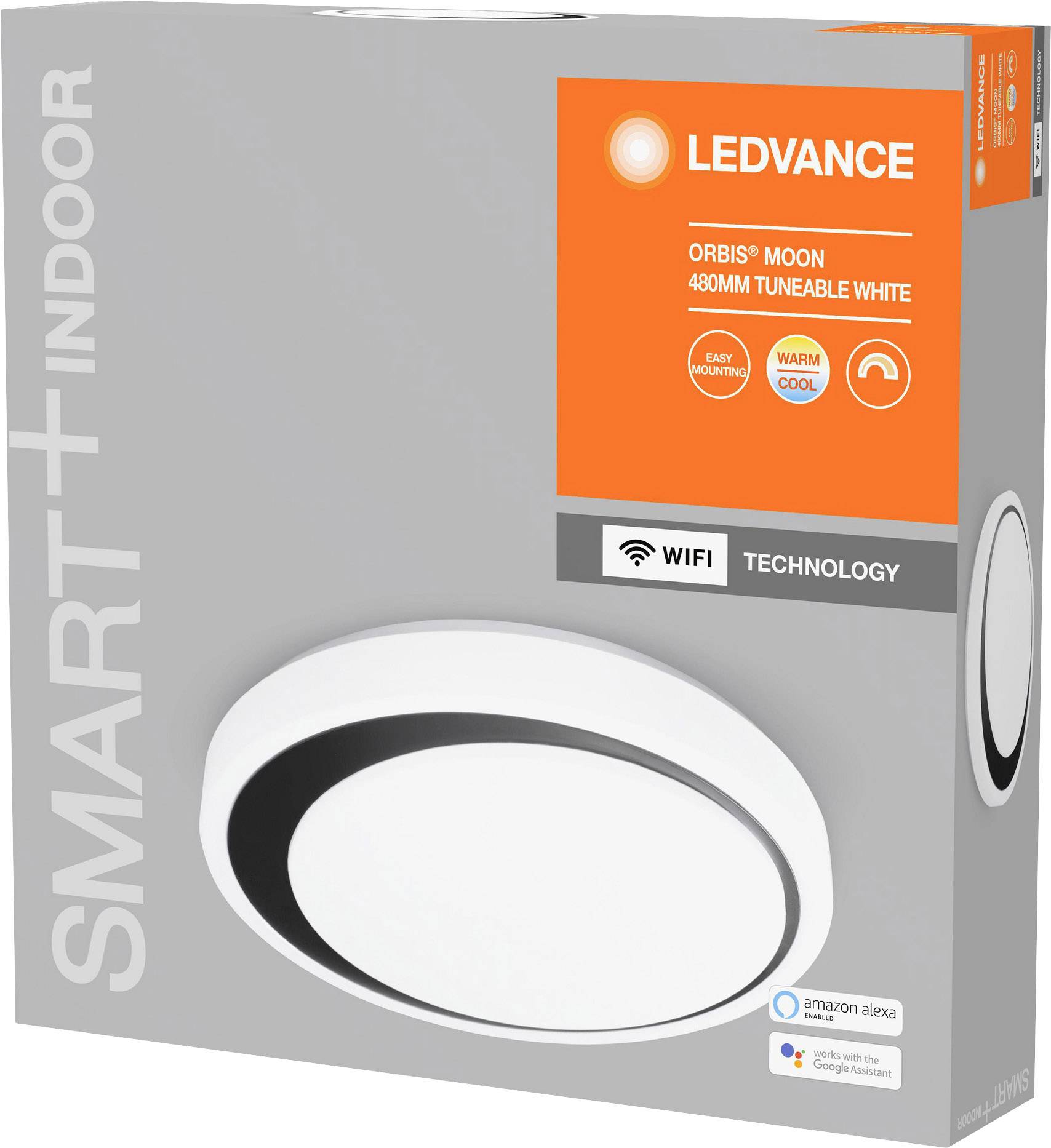 Ein Karton zeigt eine LED-Leuchte von Ledvance, Modell 'Orbis Moon', 480mm, mit einstellbarer Weißtemperatur und WLAN-Technologie.