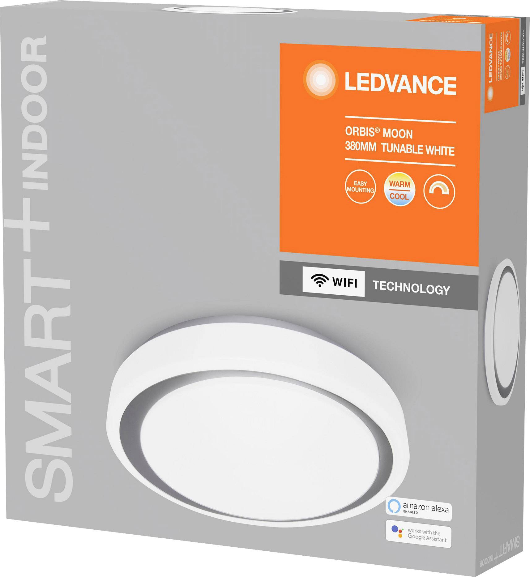 Eine LED-Leuchte der Marke 'LEDVANCE', Modell 'Orbis Moon 380mm Tunable White', mit WiFi-Technologie, kompatibel mit Amazon Alexa und Google Assistant.