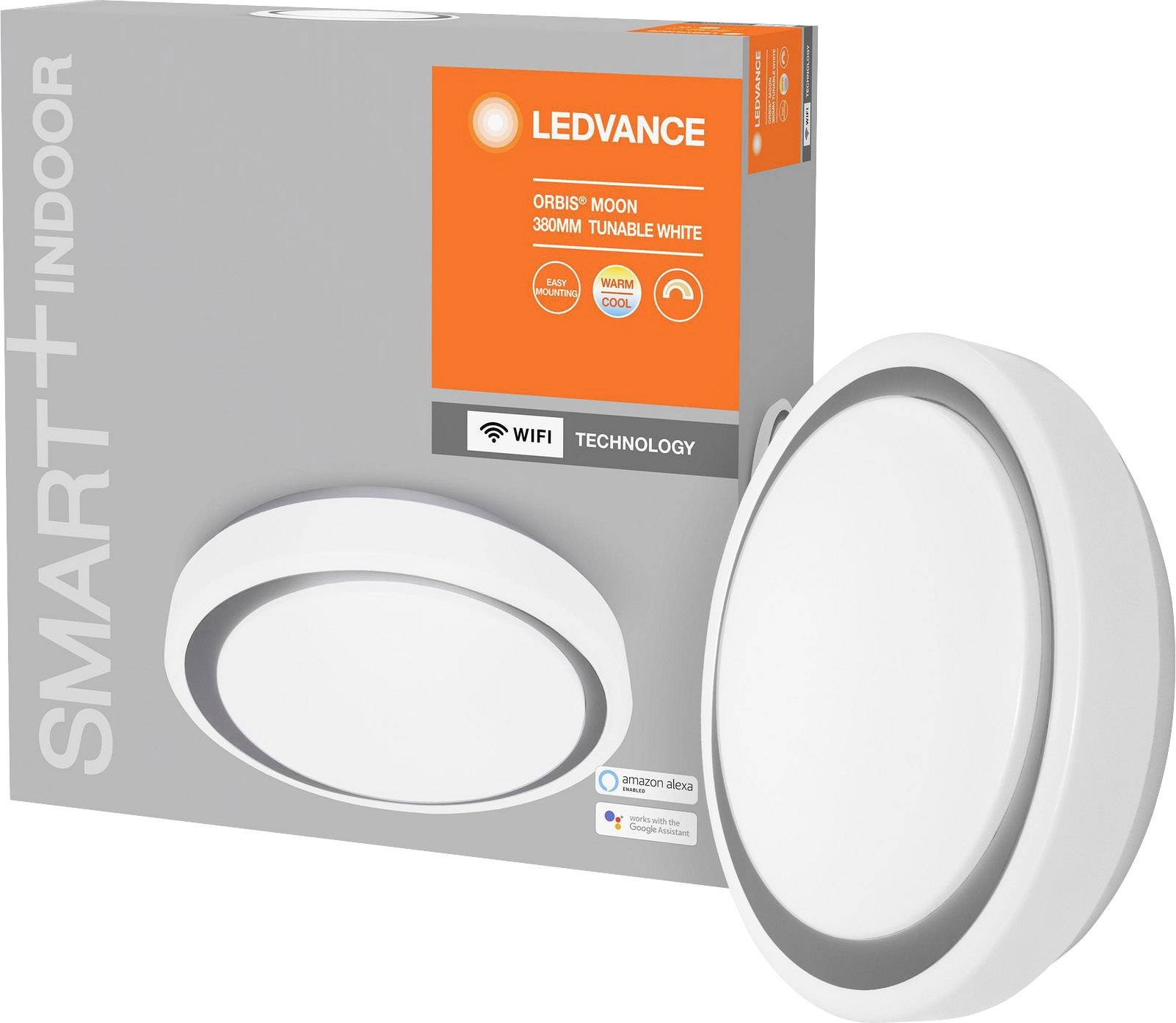 LED-Deckenleuchte und Verpackung von LEDVANCE, 'Orbis Moon' Modell, betont smarte Indoor-Technologie mit Alexa-Kompatibilität.