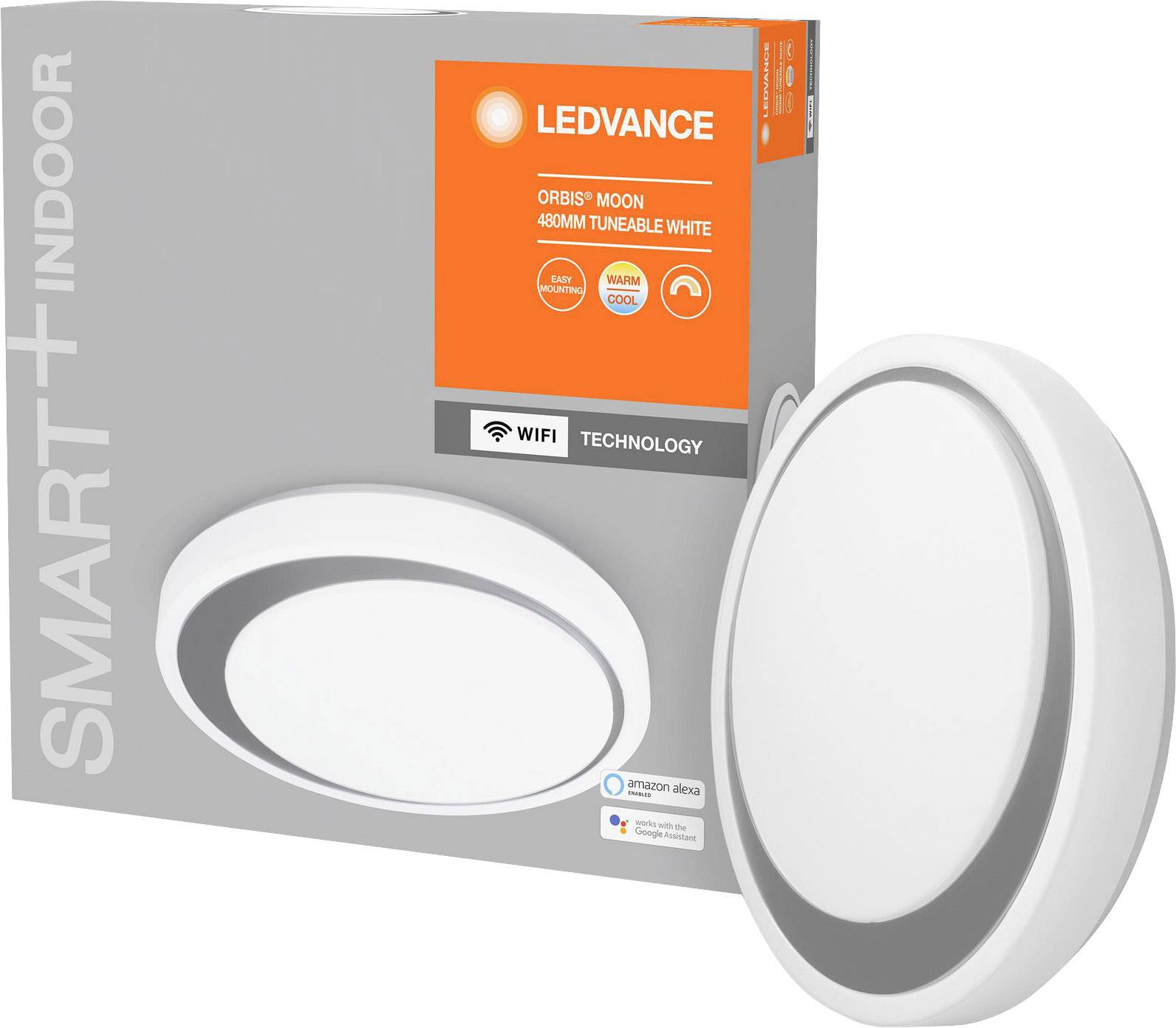 'LEDVANCE SMART+ Indoor Orbis Moon 400MM Tunable White'. Runde, weiße Deckenleuchte mit WLAN-Technologie, dimmbar und anpassbar. Verpackung zeigt Produktbild und Markeninformationen.
